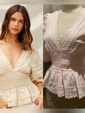 NWT Umgee Soft Rose Pink Boho Lace Trim Smocked Peplum Puff Sleeve Blouse